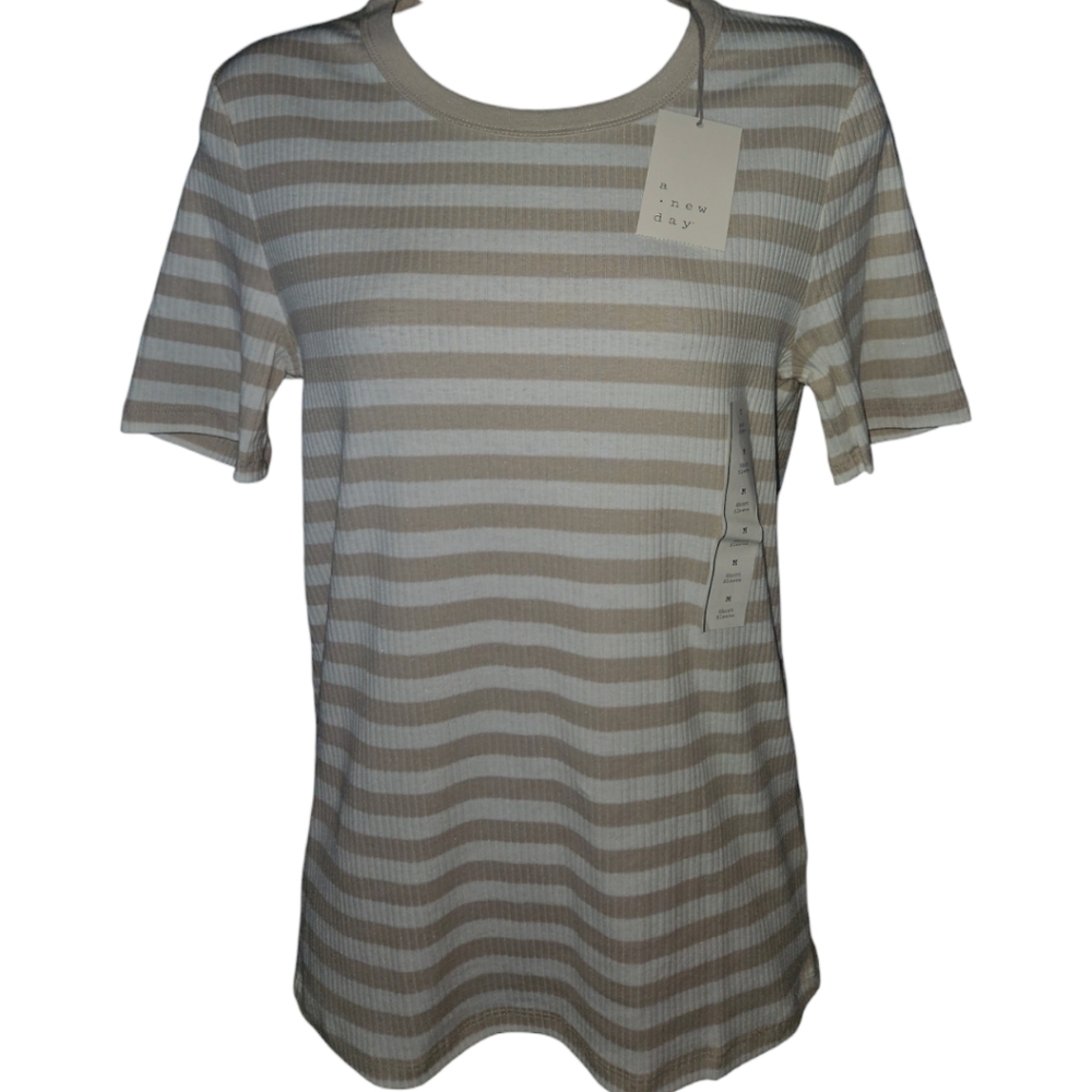 NWT A New Day Neutral Horizontal Stripe Short Sleeve Top
